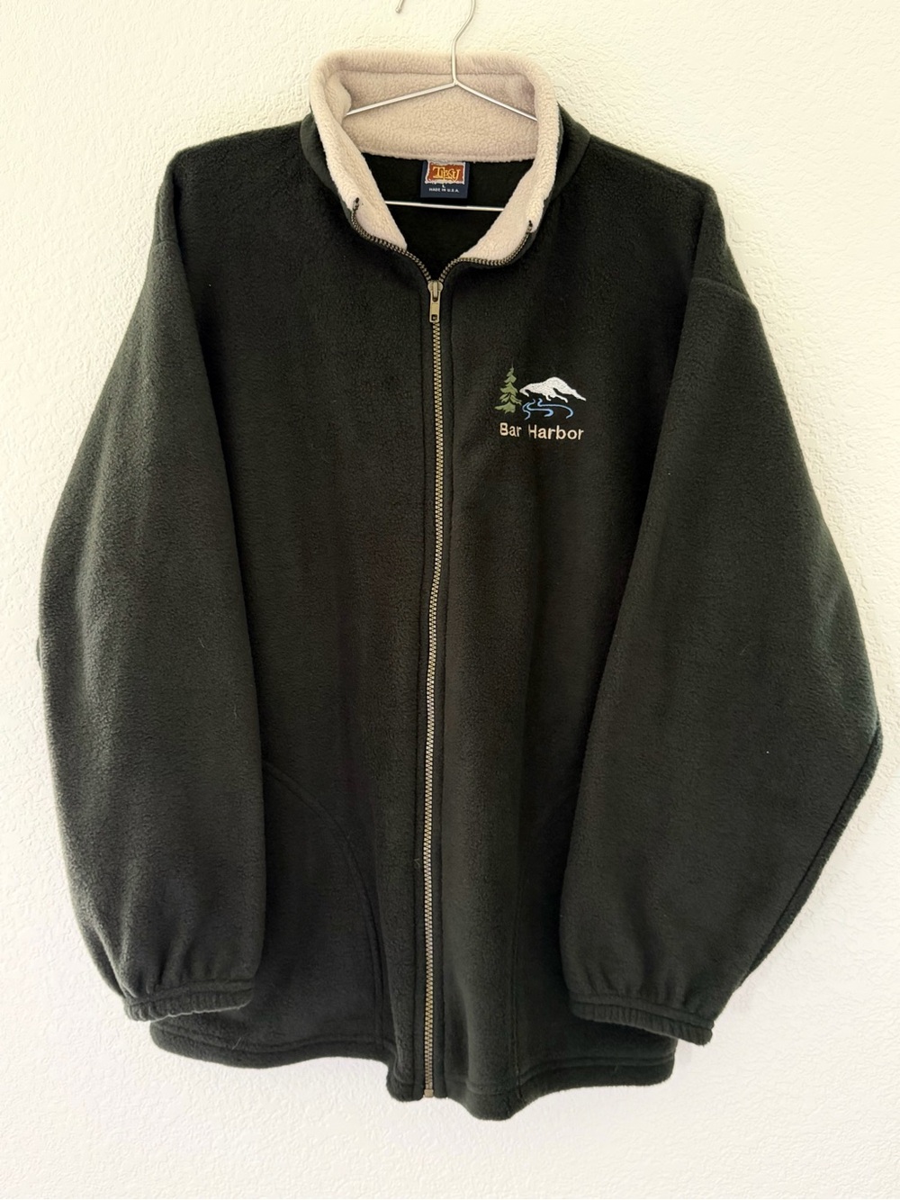 BAR HARBOR Vintage Embroidered Fleece Jacket Dark Green with Cream Collar Size L